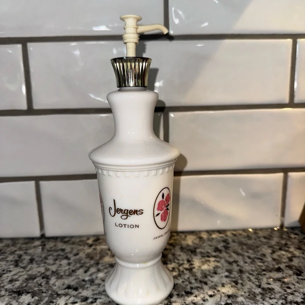Vintage Jergens Lotion Milk‎ Glass Bottle with Original Pump Floral Grannycore